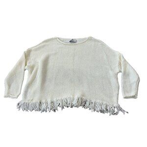 Laurie Felt Women's Ivory Knitted Pullover Baja Sweater Fringe‎ Hem Size XS/S